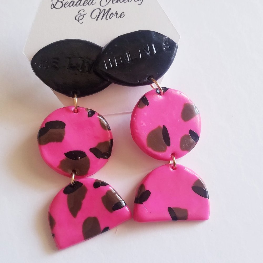 Pink With Cheetah Print and Black Drop Earrings